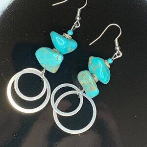 Turquoise Nuggets Metal Loops Handmade Pierced Earrings Southwest Style LR101